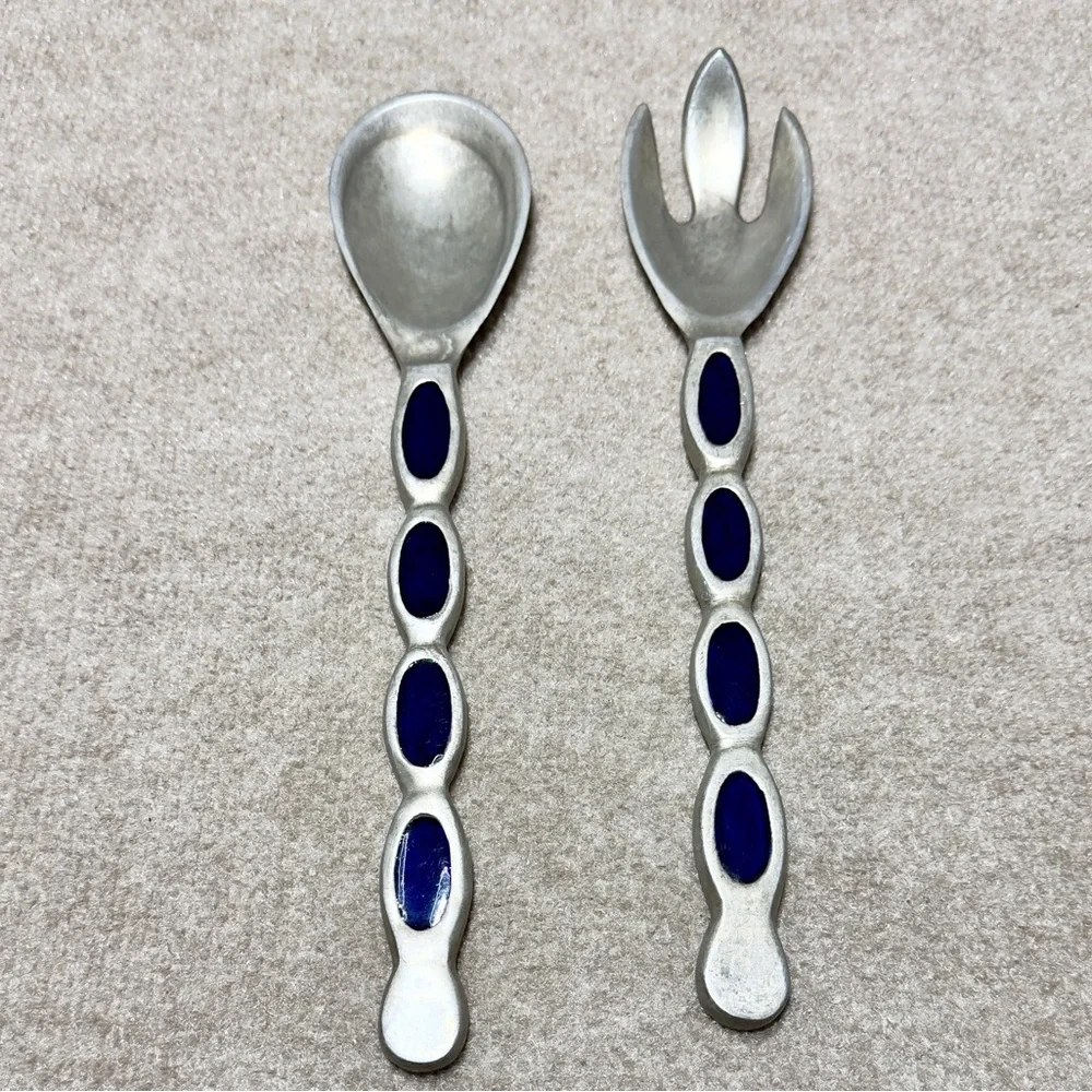 Serving Primitive Spoon Fork Salad Metal Cobalt Blue Glass Inlay VTG Renaissance